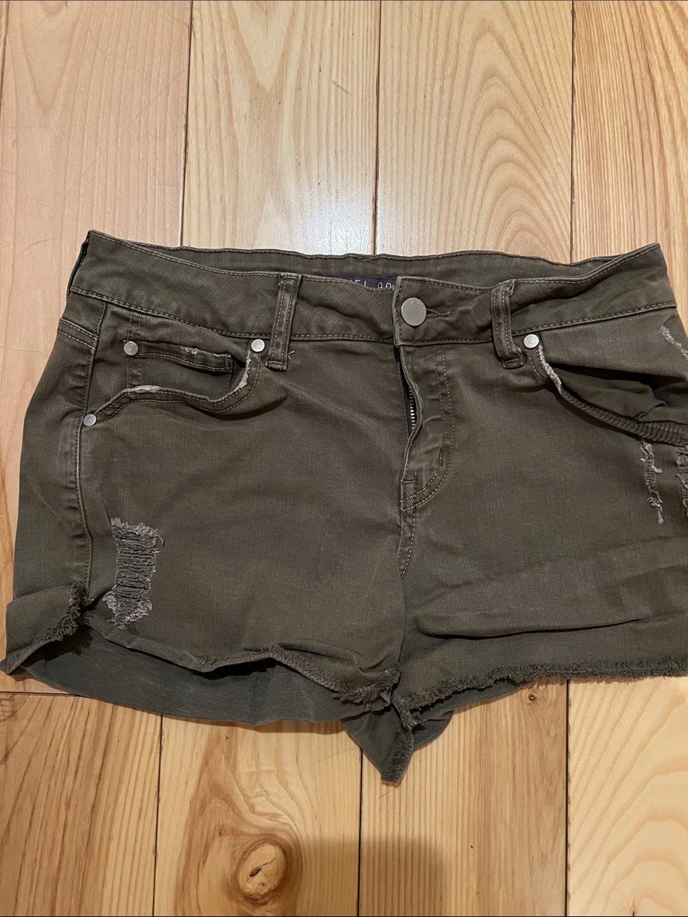 Level 99 Olive Green Distressed Denim Shorts